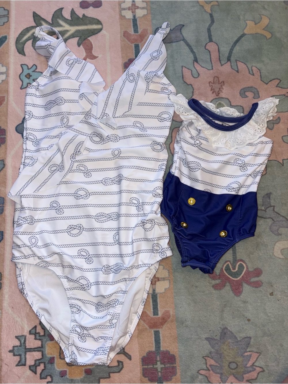 Nautical Rope-Print White & Navy One-Piece Swimsuit